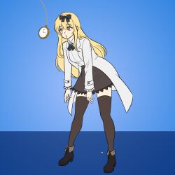  arifureta_shokugyou_de_sekai_saikyou aura blonde_hair blue_background bow breasts clock clothed coat female_only femsub glowing katsiika leaning_forward long_hair pendulum shoes simple_background skirt solo spiral_eyes thighhighs thighs vampire yue_(arifureta) 