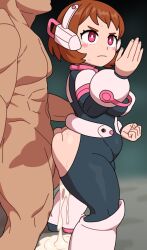  anal angry ass_rub blush bodysuit boots brown_hair clothed_sex cum cum_in_ass femsub hair_ornament kabeume maledom my_hero_academia ochaco_uraraka pink_eyes sex short_hair super_hero sweat torn_clothes unaware 