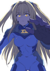  angry blonde_hair bodysuit eyebrows_visible_through_hair female_only femsub fingerless_gloves gloves glowing_eyes golden_darkness hai_(h81908190) looking_at_viewer magical_girl_lyrical_nanoha pov simple_background solo to_love_ru to_love_ru_darkness white_background yellow_eyes 