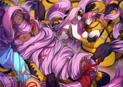 animal_ears breasts caster_(fate/extra) coils dark_skin empty_eyes fate/grand_order fate_(series) female_only femdom femsub fox_girl gorgon_(fate) happy_trance lairreverenteboladepelos large_breasts long_hair medusa_(fate) multiple_girls prehensile_hair purple_hair queen queen_of_sheba scales snake_girl snake_hair topless