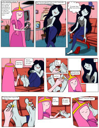 absurdres adventure_time barefoot black_hair blush carlosfco closed_eyes comic crown dialogue dress fangs feet female_only jewelry long_hair marceline multiple_girls pale_skin pink_hair princess princess_bubblegum smile tank_top text toe_ring vampire