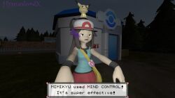  3d brown_hair dazed femsub hat hypnolordx leaf_(pokemon) long_hair mimikyu nintendo open_mouth pokemon pokemon_firered_and_leafgreen source_filmmaker standing standing_at_attention text 