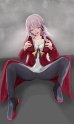 a_(adzrcool45) alternate_costume breast_fondling breasts brown_hair cleavage clothed cosplay costume eye_color_change femsub glowing_eyes herta_(honkai_star_rail) honkai_star_rail large_breasts maledom original red_eyes shoes simple_background sitting very_long_hair white_background yang_yang