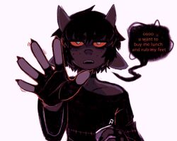  black_eyes black_hair choker claws demon_boy dialogue fingerless_gloves freckles furry gloves goat_boy grey_skin horns male_only maledom open_mouth original pov pov_sub rascal red_sclera shirt short_hair simple_background speech_bubble spiral_eyes text white_background 