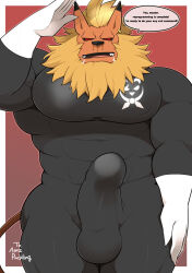 bodysuit bulge digimon drool erection furry latex leomon lion_boy male_only maledom malesub muscle_boy penis red_eyes standing standing_at_attention tail takezamurai text