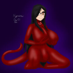  alicia_(aliciapendragon) alien black_hair bodysuit breasts brown_eyes clothed color drone empty_eyes female_only femsub glasses groping hair_covering_one_eye happy_trance hypnovember jamir447744 kneeling large_breasts latex long_hair null_bulge original possession purple_background simple_background solo spiral spiral_eyes symbiote symbol symbol_in_eyes tail text white_skin 