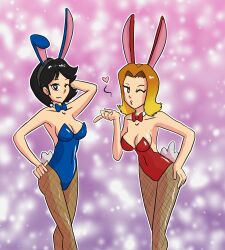  black_hair blonde_hair blowing_kiss bow_tie breasts bunny_ears bunny_girl bunnysuit collarbone fake_animal_ears female_only femsub fishnets hand_on_head hand_on_hip heart_eyes leaning_forward looking_at_viewer multiple_girls multiple_subs mythkaz one_eye_open pantyhose reiko_akanezawa shin_megami_tensei shin_megami_tensei_if short_hair simple_background standing symbol_in_eyes wink yumi_shirakawa 