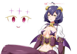 ahoge black_hair breasts cleavage corset drool empty_eyes eyebrows_visible_through_hair female_only femsub flat_chest hair_ornament light_skin looking_up_to_magical_girls magical_girl midriff na_shacho navel open_mouth pale_skin pasties short_hair simple_background sitting small_breasts smile star_pasties tape utena_hiiragi white_background wings yellow_eyes