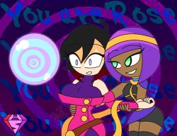  bare_shoulders black_hair capcom clothed cosplay costume dark_skin english_text female_only femdom femsub green_eyes grey_eyes hypnoscream identity_swap large_breasts mantra menat multicolored_eyes orb purple_hair red_hair rose_(street_fighter) ruby_rose rwby short_hair shrunken_irises smile spiral spiral_background street_fighter text 