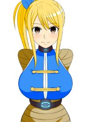  absurdres belt blonde_hair blush bondage breasts brown_eyes collar empty_eyes fairy_tail female_only hair_ribbon huge_breasts long_hair lucy_heartfilia mian ponytail smile solo white_background 