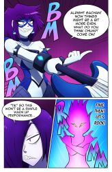  bodysuit comic dialogue eye_mask gacha_gotcha goth guitar hair_covering_one_eye kobi94 lilith_(gacha_gotcha) long_hair pale_skin purple_hair rift_(gacha_gotcha) sharp_teeth short_hair speech_bubble text 