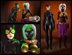  3d accidental_hypnosis bodysuit breasts catwoman dark_skin dc_comics duck_dodgers_(series) female_only femsub fortnite glowing glowing_eyes goggles happy_trance queen_tyr&#039;ahnee reflection self_hypnosis source_filmmaker spiral standing standing_at_attention supercasket white_hair whitewash_eyes 