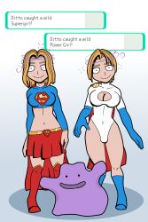  androgynous_dom blonde_hair cleavage color dazed dc_comics ditto english_text femsub gloves happy_trance isankura looking_at_viewer multiple_girls multiple_subs nintendo pokemon power_girl skirt smile standing super_hero supergirl text 