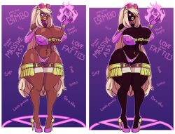artist_request before_and_after bimbofication breasts character_request dark_skin female_only femsub high_heels hornedram huge_breasts huge_hips huge_lips magic navel_piercing sunglasses text transformation very_long_hair
