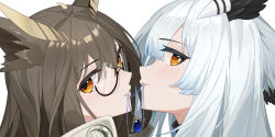  absurdres animal_ears anonymous_artist arknights before_and_after brown_hair eyebrows_visible_through_hair female_only glasses halo jewelry multiple_girls ptilopsis silence_(arknights) simple_background white_background white_hair yellow_eyes 