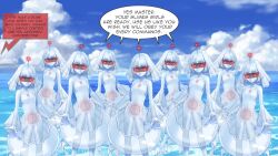 antenna belt breasts clone dialogue dress expressionless femsub ice_queen_(monster_girl_encyclopedia) manip monster_girl monster_girl_encyclopedia multiple_girls multiple_subs outdoors slime small_breasts spiral spiral_eyes tech_control text visor 