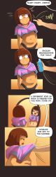  androgynous androgynous_dom androgynous_sub black_hair bottomless brown_hair chara_(undertale) comic consensual dialogue femboy finger_snap frisk_(undertale) navel open_mouth pstash shirt_pull smile text undertale water 