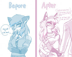  before_and_after bracelet collar crossed_arms dialogue domestication dress earrings feminization femsub fishnets fox_girl furry heart_eyes kaijublue long_hair maledom necklace piercing punk simple_background stepfordization symbol_in_eyes text tomboy white_background 