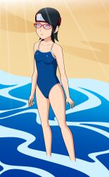  absurdres beach black_hair breasts female_only femsub glasses headband jimryu naruto_(series) one-piece_swimsuit rinnegan sarada_uchiha school_swimsuit short_hair small_breasts spiral spiral_eyes standing standing_at_attention swimsuit symbol_in_eyes water 