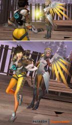  3d blonde_hair brown_hair chicken_pose comic female_only femsub happy_trance mercy open_mouth overwatch pet_play short_hair source_filmmaker supercasket text tracer 