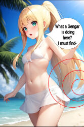  ai_art beach bikini blonde_hair gengarai_(generator) green_eyes lillie_(pokemon) miniskirt nintendo pokemon ponytail small_breasts surprised text 