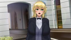 ahoge altered_common_sense animated blonde_hair bow_tie changer_(character) chien_vietnam clapping empty_eyes female_only femsub green_eyes humor large_breasts original outdoors sound suit video virtual_youtuber voice_acted