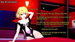 3d bed black_lipstick blonde_hair corruption english_text female_only femsub hypnotized_dom hypnovember koikatsu! liz_(liz_b) liz_b midriff original pov red_eyes succubus tattoo text