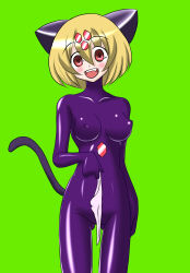  animal_ears blonde_hair blush bodysuit breasts catsuit empty_eyes erect_nipples fangs female_only femsub happy_trance large_breasts latex nagaremono_(artist) panties red_eyes short_hair solo tech_control underwear 