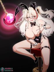  4headboiii animal_ears azur_lane blush breast_fondling breasts bunny_ears bunny_girl drool female_only femsub grey_hair happy_trance huge_breasts long_hair masturbation multicolored_hair pendulum prinz_eugen_(azur_lane) pussy_juice solo spiral_eyes tagme undressing white_hair 