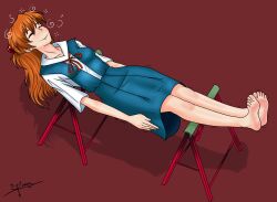 asuka_langley_soryu barefoot brown_hair catalepsy closed_eyes feet female_only femsub happy_trance long_hair neon_genesis_evangelion pandroso school_uniform signature simple_background sleeping smile solo stage_hypnosis 