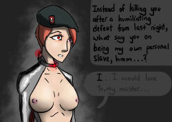  absurdres beret breasts collar dialogue empty_eyes english_text expressionless glowing glowing_eyes hypnotic_accessory large_breasts moira_o&#039;deorain nexus_light open_clothes open_mouth overwatch short_hair tech_control text topless 
