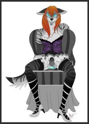 androgynous corset crossdressing erection furry gloves glowing glowing_eyes high_heels jackal_boy looking_at_viewer majorra male_only maledom necklace opera_gloves original pendulum penis pov pov_sub sitting thighhighs tongue tongue_out