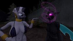 3d absurdres breasts changeling dazed female_only femdom femsub furry glowing horns horse_girl kombatchampion large_breasts my_little_pony open_mouth pheromones spiral_eyes symbol_in_eyes topless wings zebra_girl zecora