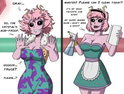 apron before_and_after black_sclera blush breasts cleavage crystal dialogue domestication dress english_text female_only femsub glowing happy_trance housewife mina_ashido my_hero_academia open_mouth pendulum pink_hair polmanning short_hair smile solo stepfordization text western yellow_eyes