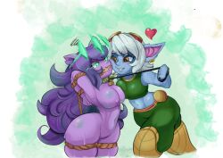  arms_above_head arms_behind_back aura ball_gag bare_breasts bare_shoulders brown_eyes cleavage clothed collar control_indicator crown drool earrings eye_color_change femdom femsub gag gfreak glowing_eyes green_eyes heart large_breasts league_of_legends leash long_hair lulu_(league_of_legends) midriff navel nipples nude possession purple_hair restrained rope ruination shibari short_hair symbol thick_thighs tristana_(league_of_legends) viego_(league_of_legends) white_hair yordle yuri 