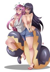 bottomless breast_grab breasts empty_eyes enetheligthingdancer feet female_only femdom femsub holding_hands jean_shorts kaa_eyes large_breasts long_hair monster_girl naga_girl nude one_breast_out open_mouth original pink_hair purple_hair sandals shorts smile snake_girl symbol_in_eyes tail_holding tank_top tiptoes topless