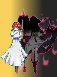  aged_up arms_behind_back aura bare_legs before_and_after boots cape clothed corruption dress female_only femsub fire_emblem fire_emblem_heroes fire_emblem_mystery_of_the_emblem hair_ornament isobe_roll long_skirt maria_(fire_emblem) red_eyes red_hair short_hair simple_background smile solo staff 