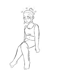 cleavage dazed eepydoodlezzz feet femsub hair_buns monochrome original ring_eyes sitting sketch sports_bra