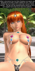 3d bikini breasts caption dead_or_alive expressionless femsub kasumi_(dead_or_alive) large_breasts long_hair manip orange_hair pendulum pocket_watch spiral_eyes swimsuit symbol_in_eyes text wildfire_(manipper)