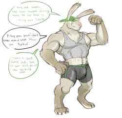  brain_drain bunny_boy flexing furry glowing happy_trance hat hyenaface hypnotic_accessory jockification male_only malesub muscle_boy non-human_feet paws solo story text 