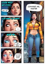 ai_art before_and_after brown_hair cleavage clothed comic dazed english_text female_only femsub fortunadoe_(generator) glowing_eyes instant_loss jeans lipstick long_hair midriff navel open_mouth pants ponytail shrunken_irises speech_bubble standing text