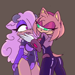  amy_rose assimilation bloome_(rakuma-imp) bodysuit breasts corruption eyeshadow female_only femdom femsub furry gloves green_eyes hand_on_another's_cheek hedgehog_girl horns original pink_eyes rakuma-imp sheep_girl smile sonic_the_hedgehog_(series) tail thighs yuri 