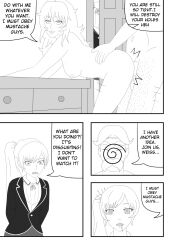 comic drool femsub hinata-hime long_hair maledom multiple_girls mustache open_mouth peter_port ponytail rwby spiral spiral_eyes symbol_in_eyes text weiss_schnee yang_xiao_long
