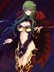 absurdres breasts cleavage cleavage_cutout cloak clothed corruption crown dress expressionless female_only femsub fire_emblem fire_emblem_echoes gloves green_hair harrier_(fire_emblem) large_breasts long_hair magic midriff navel nintendo opera_gloves palla_(fire_emblem) preview red_eyes solo thighs tunberuku