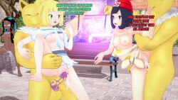  3d ahegao black_hair blonde_hair bra clothed_exposure dark_skin empty_eyes exposed_chest femsub green_eyes hypno lillie_(pokemon) nessa_(pokemon) nintendo nipples outdoors panties pokemon pokemon_sun_and_moon pokemon_sword_and_shield ponytail posed selene_(pokemon) sex short_hair small_breasts striped_panties text unaware worldender 