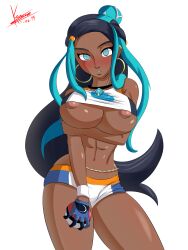 absurdres black_hair blue_eyes blue_hair blush breasts dark_skin earrings empty_eyes female_only femsub icontrol_(manipper) jewelry karuro-kun large_breasts long_hair looking_at_viewer manip multicolored_hair muscle_girl navel nessa_(pokemon) nintendo open_mouth pokeball pokemon pokemon_sword_and_shield shirt_lift shorts solo white_background