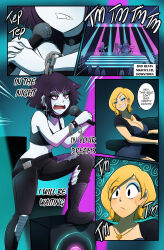  black_hair blonde_hair choker comic dialogue dress earrings gacha_gotcha goth kobi94 lilith_(gacha_gotcha) mascara microphone midriff pale_skin short_hair singing speech_bubble text 