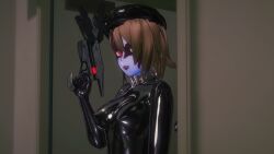  3d black_lipstick blue_skin bodysuit brown_hair collar custom_maid_3d_2 empty_eyes erect_nipples_under_clothes face_paint female_only femsub hat latex li_q lipstick looking_at_viewer red_hair rubber short_hair solo weapon 