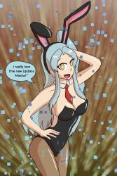  angela_(library_of_ruina) blue_hair breasts bunny_ears bunny_girl bunnysuit femsub happy_trance lobotomy_corporation mythkaz robot robot_girl text yellow_eyes 