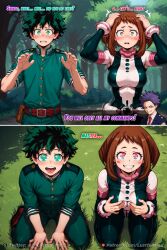 ai_art bisexual brown_hair dialogue drool femsub green_eyes green_hair hitoshi_shinso izuku_midoriya lustful_mind maledom malesub multiple_subs my_hero_academia ochaco_uraraka sequence tongue tongue_out